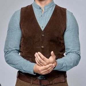 Brown Suede Vest with Blue Shirt